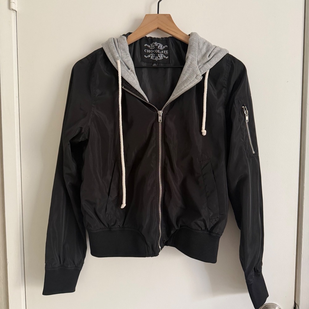 Chocolate USA Womens Bomber Jacket Black With Grey Hood Y2K Punk Black Emo